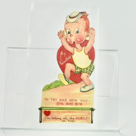 Vintage Valentine's Day Card Hurdles Boy Standing