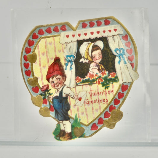 Vintage Valentine Card Boy Girl Window Greetings