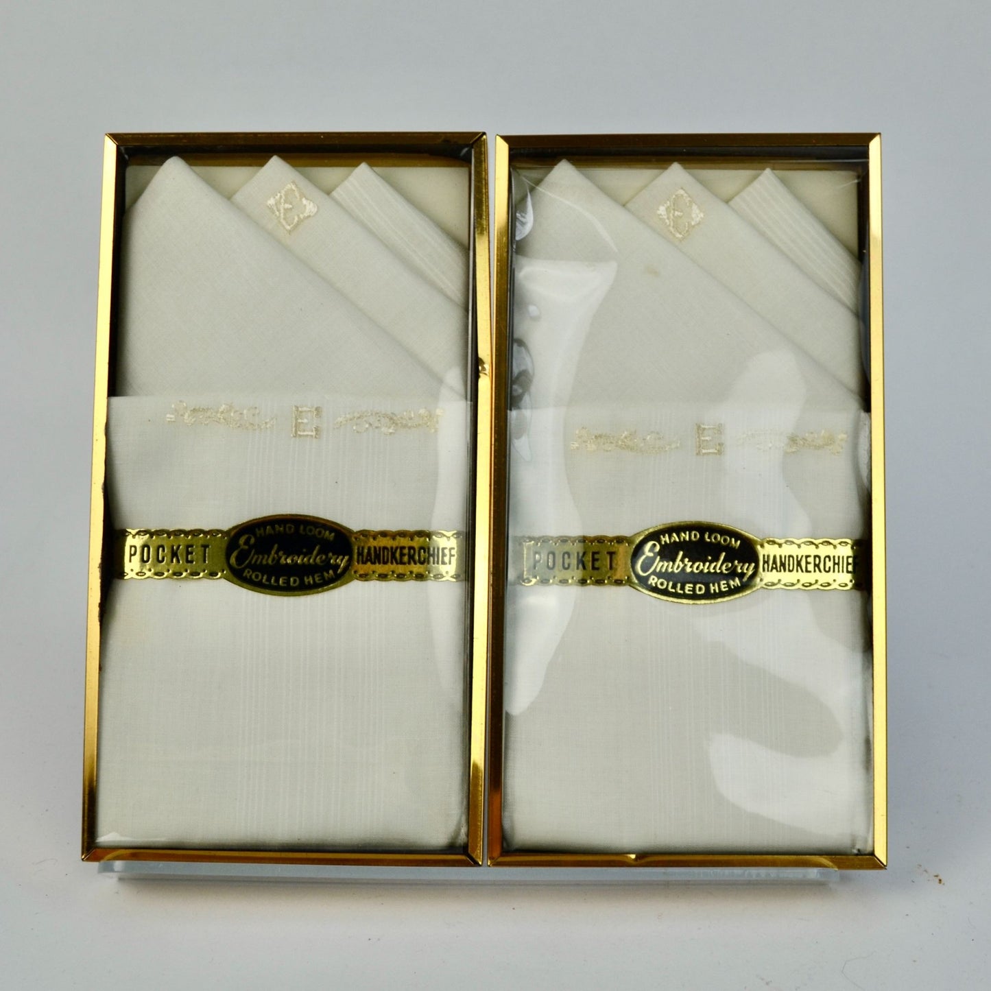 Vintage "E" Monogrammed Pocket Handkerchiefs NOS Unused New In Boxes