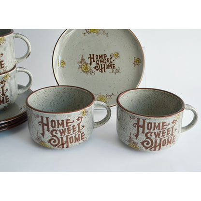 Vintage Home Sweet Home Gray Speckled Stoneware Japan Plates & Mugs Set
