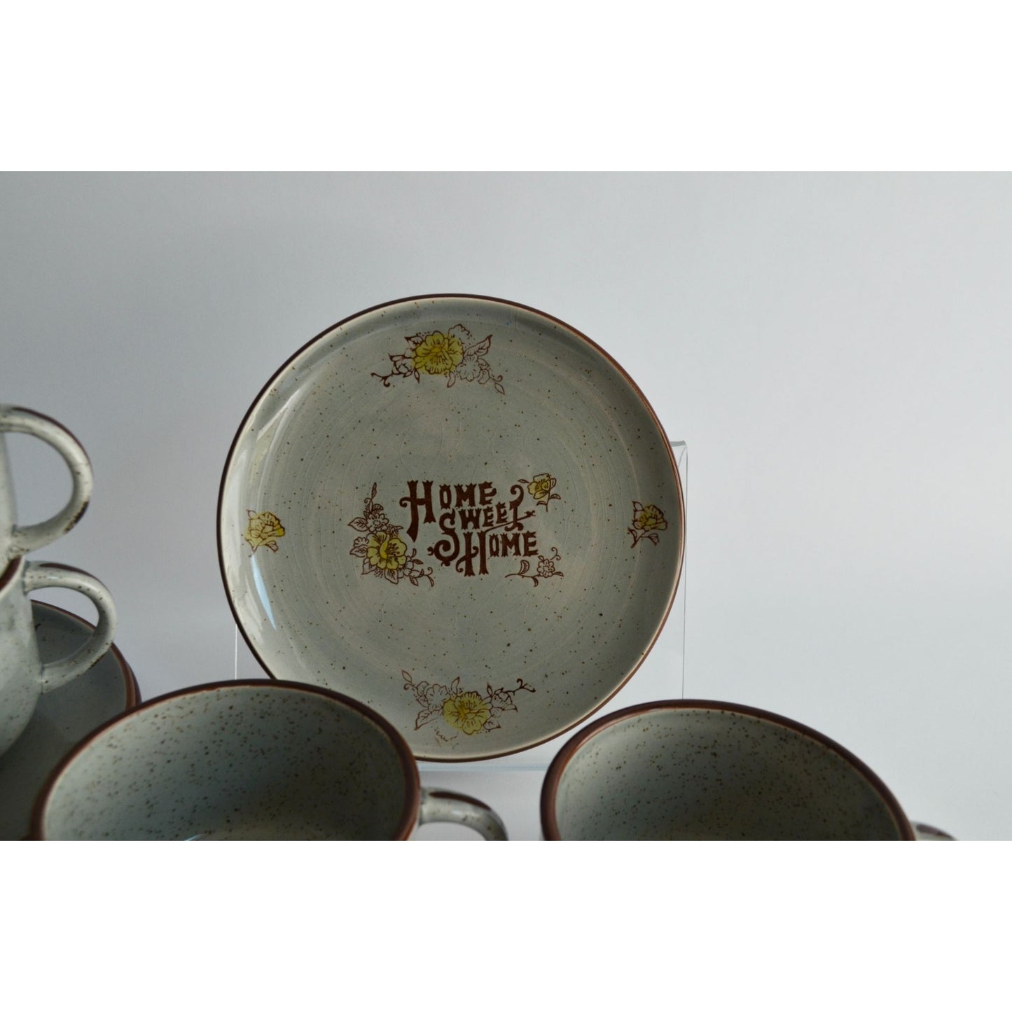 Vintage Home Sweet Home Gray Speckled Stoneware Japan Plates & Mugs Set