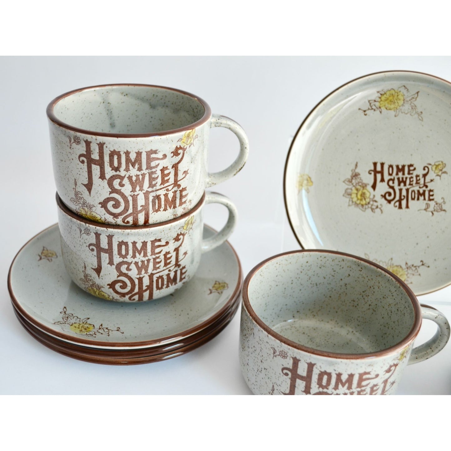 Vintage Home Sweet Home Gray Speckled Stoneware Japan Plates & Mugs Set