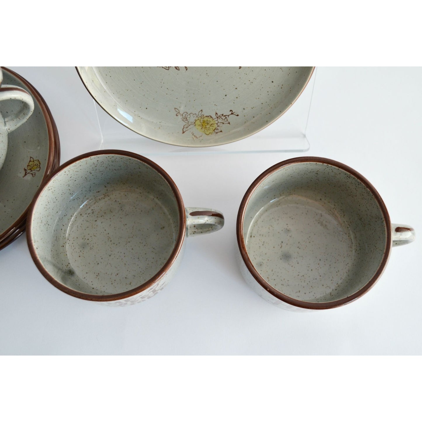 Vintage Home Sweet Home Gray Speckled Stoneware Japan Plates & Mugs Set