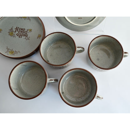Vintage Home Sweet Home Gray Speckled Stoneware Japan Plates & Mugs Set
