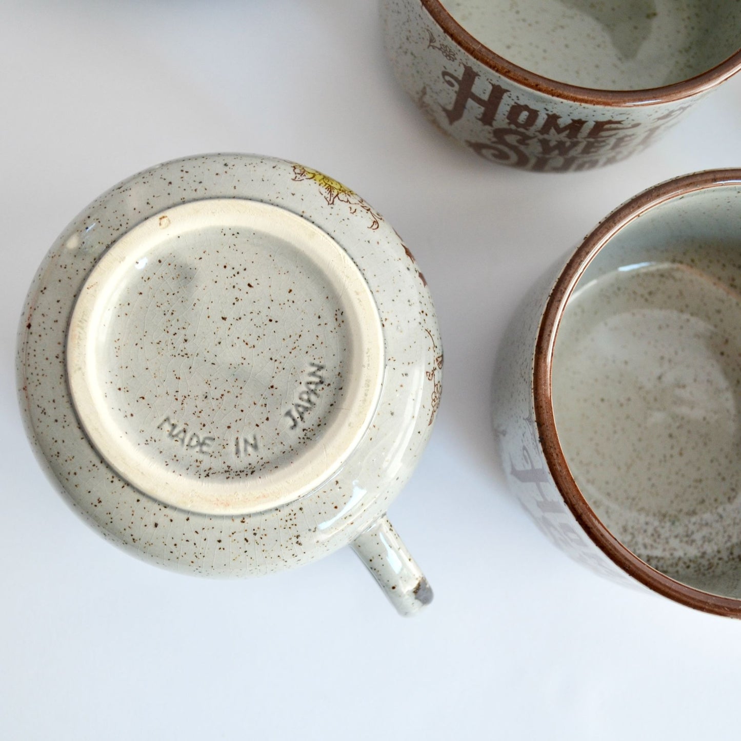 Vintage Home Sweet Home Gray Speckled Stoneware Japan Plates & Mugs Set