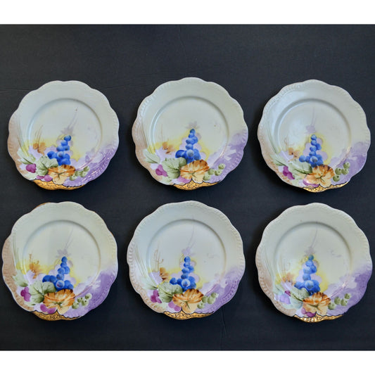 Nippon Handpainted Floral Dessert Plates Set of 6 Gold Trim
