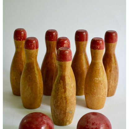 Lot 8 Vintage Wood Toy Bowling Pins 5" & 2 Balls Antique