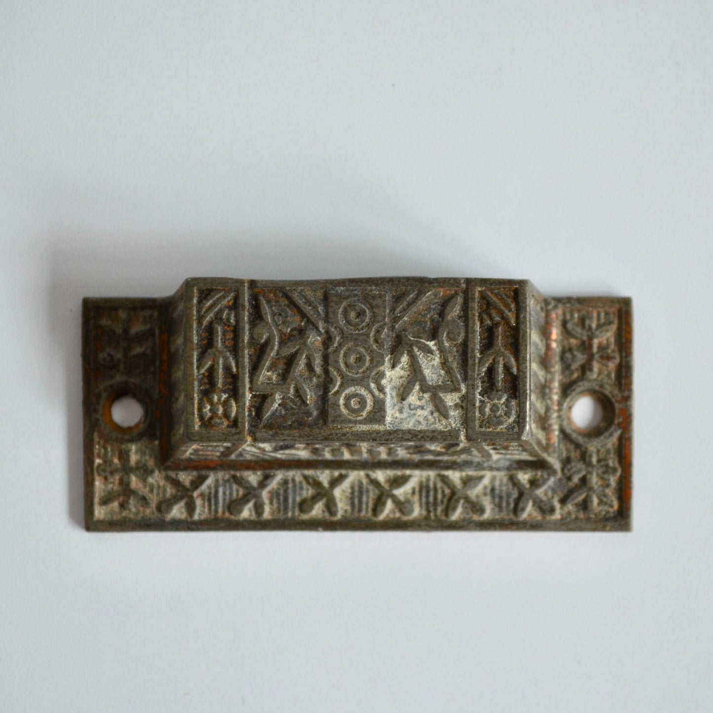 Antique Victorian Ornate Cast Iron Bin Pull Apothecary Cupboard Drawer L-35? 3"