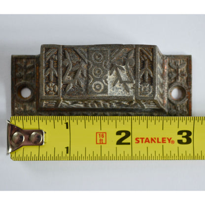 Antique Victorian Ornate Cast Iron Bin Pull Apothecary Cupboard Drawer L-35? 3"