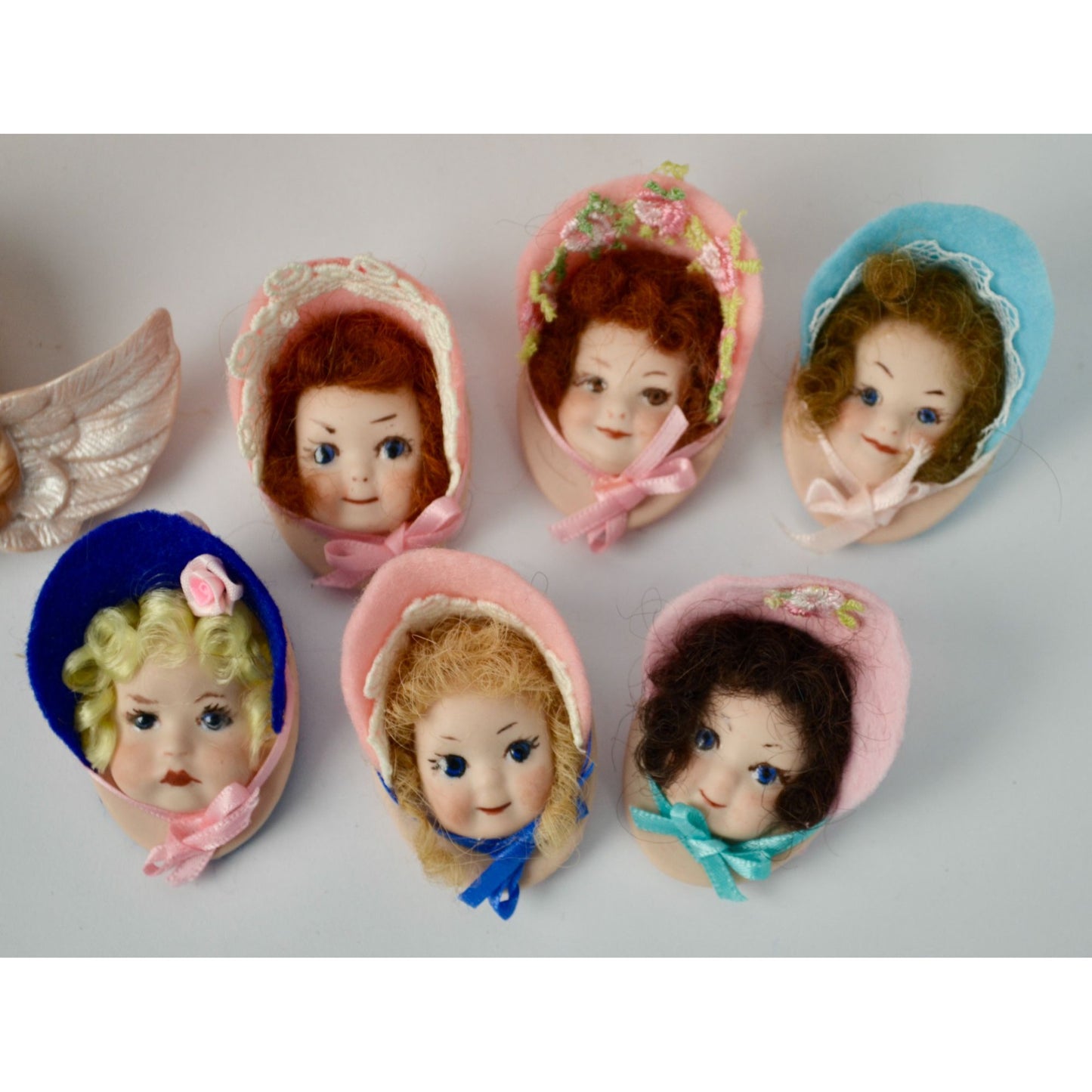 Porcelain Doll Heads Brooches Pins Lot of 7 Felt Hats