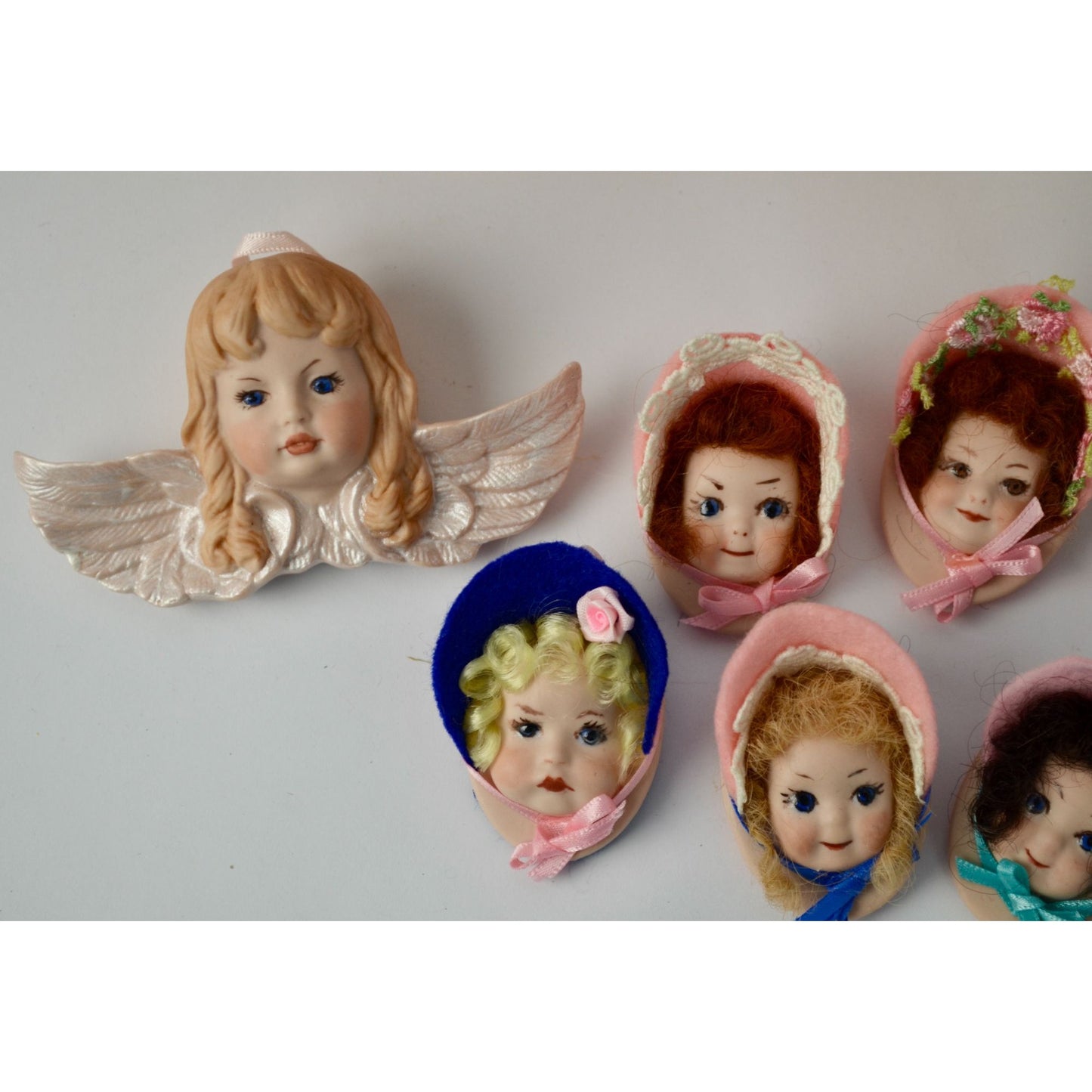 Porcelain Doll Heads Brooches Pins Lot of 7 Felt Hats