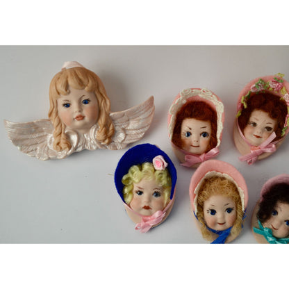 Porcelain Doll Heads Brooches Pins Lot of 7 Felt Hats