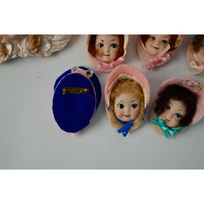 Porcelain Doll Heads Brooches Pins Lot of 7 Felt Hats
