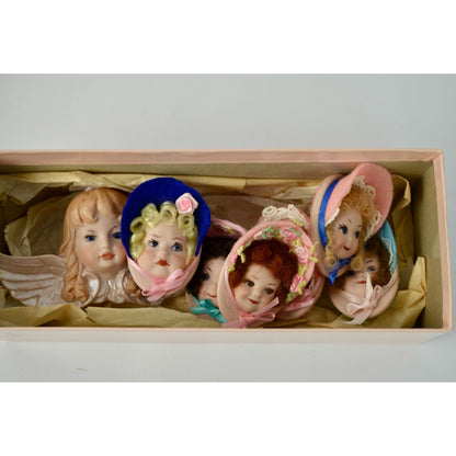 Porcelain Doll Heads Brooches Pins Lot of 7 Felt Hats