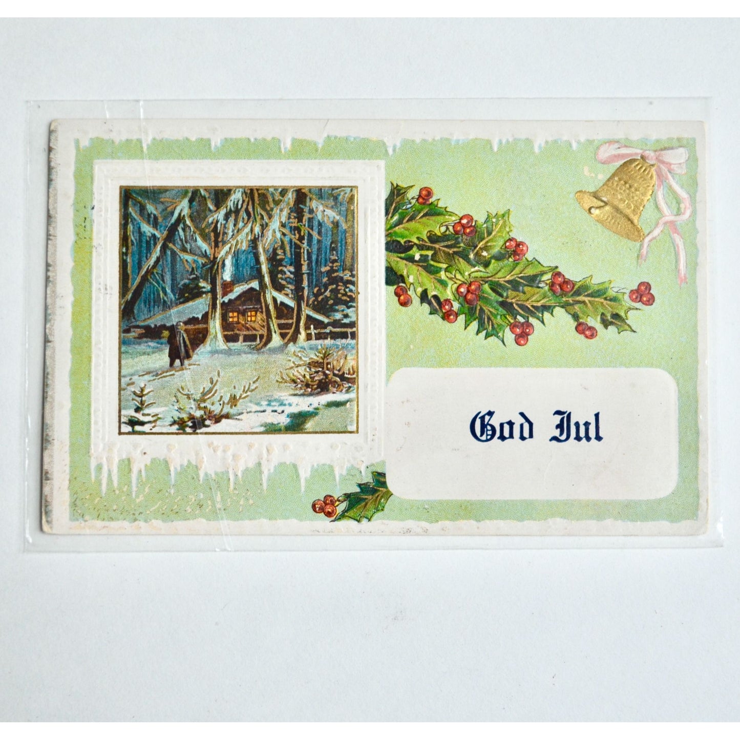 Antique God Jul Christmas Postcard Holly Berries Bell