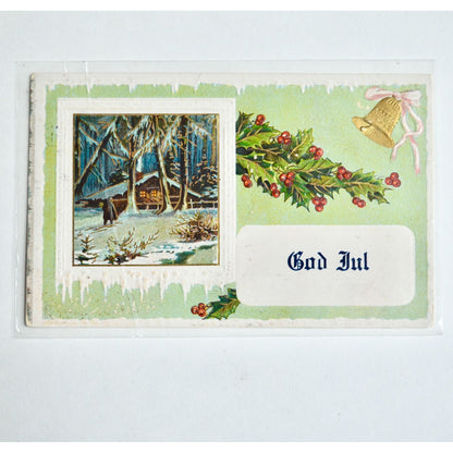 Antique God Jul Christmas Postcard Holly Berries Bell