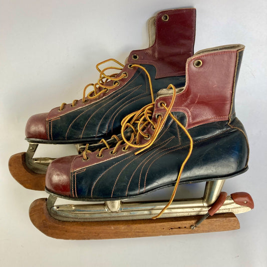 Vintage 1960's Clipper Leather Hockey Ice Skates Men's Size 12 Two-Tone