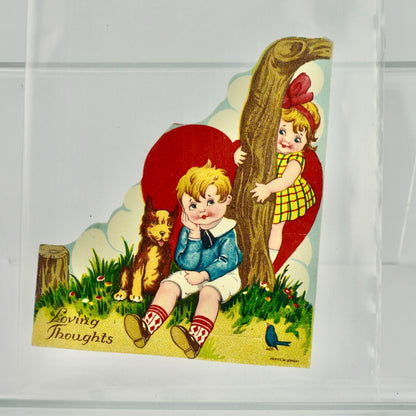 Vintage Valentine's Day Card Loving Thoughts Germany Boy Girl Tree Dog