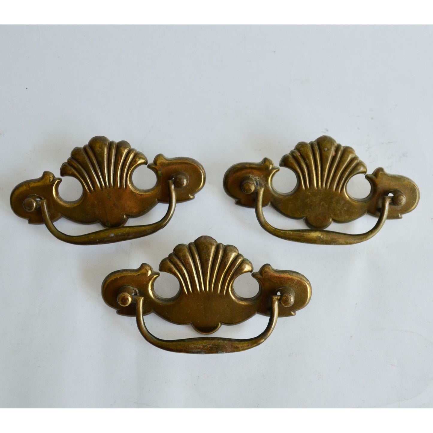 Vintage 3 Brass Drawer Pulls Bat Wing Shell Chippendale 3" Handles