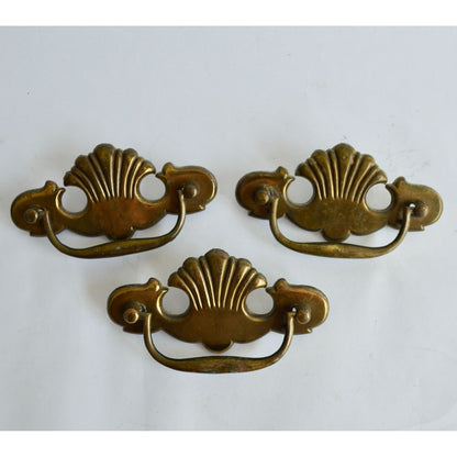 Vintage 3 Brass Drawer Pulls Bat Wing Shell Chippendale 3" Handles