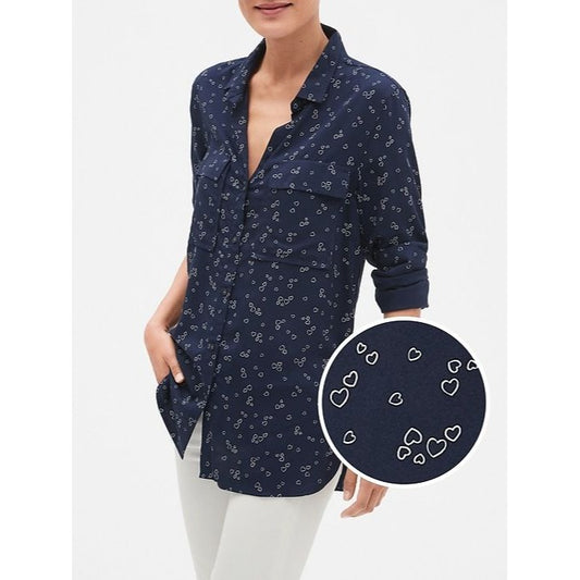 GAP Print Utility Drapy Boyfriend Shirt Tiny Heart White Blue New Large