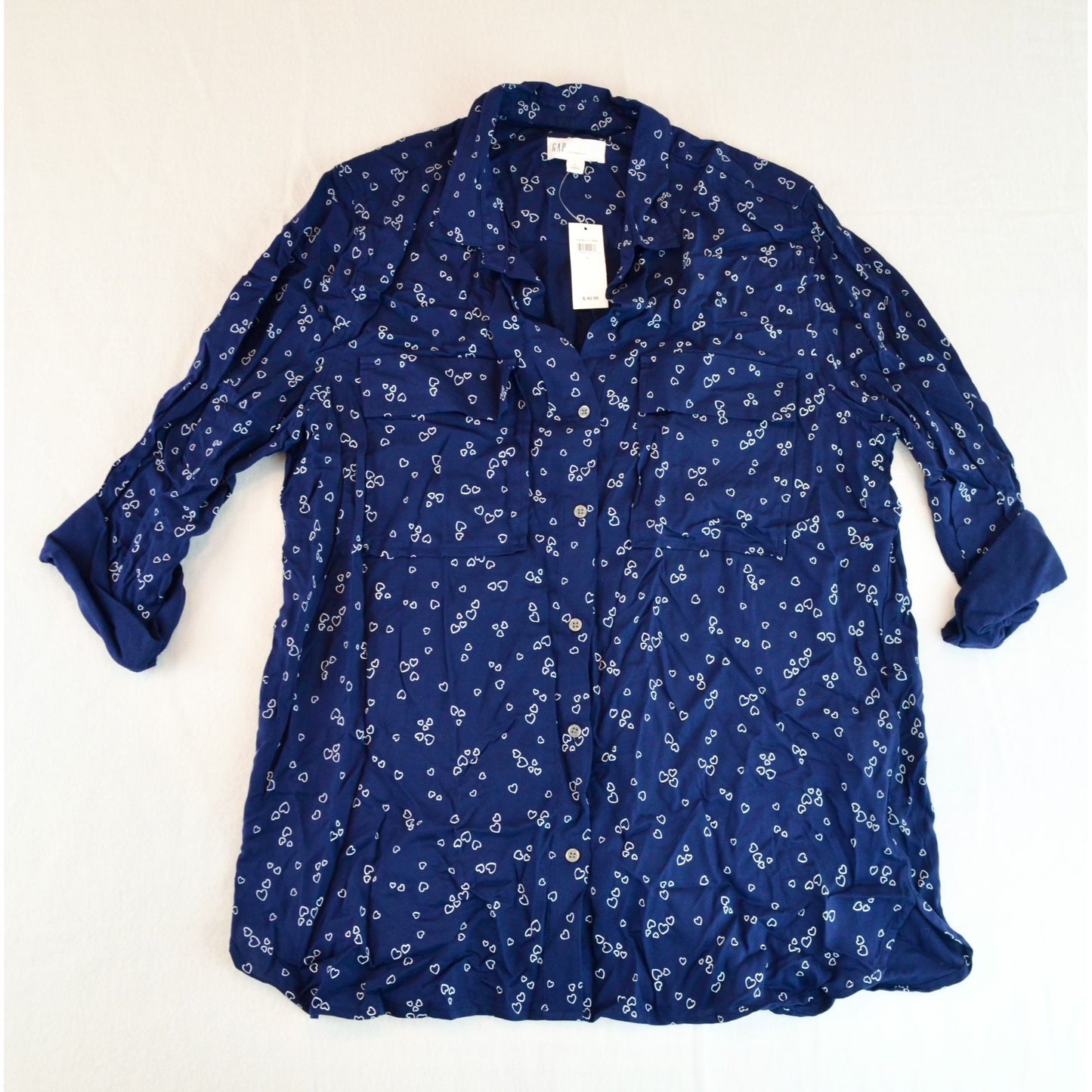 GAP Print Utility Drapy Boyfriend Shirt Tiny Heart White Blue New Large