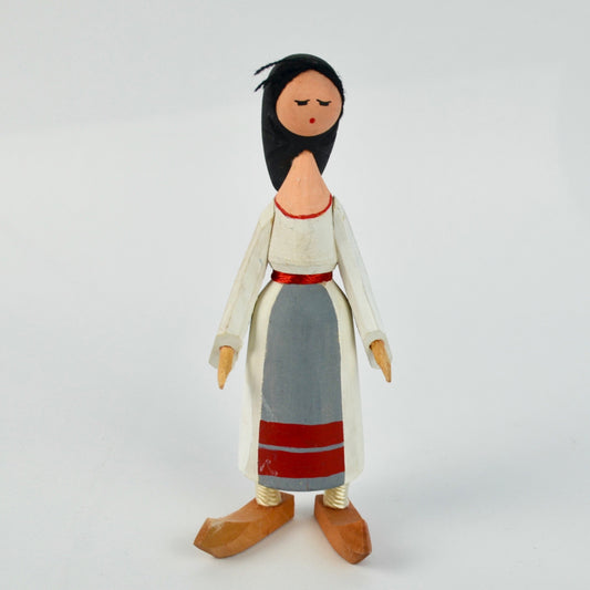 Handcrafted Wooden Folk Art Doll With Painted Dress & Black Hair
