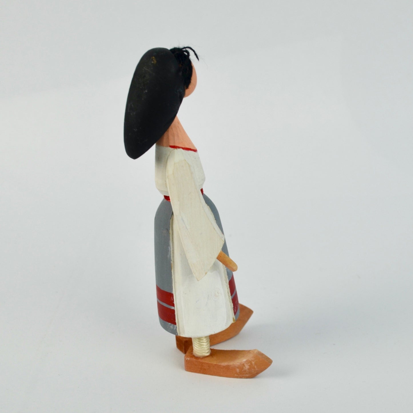 Handcrafted Wooden Folk Art Doll With Painted Dress & Black Hair