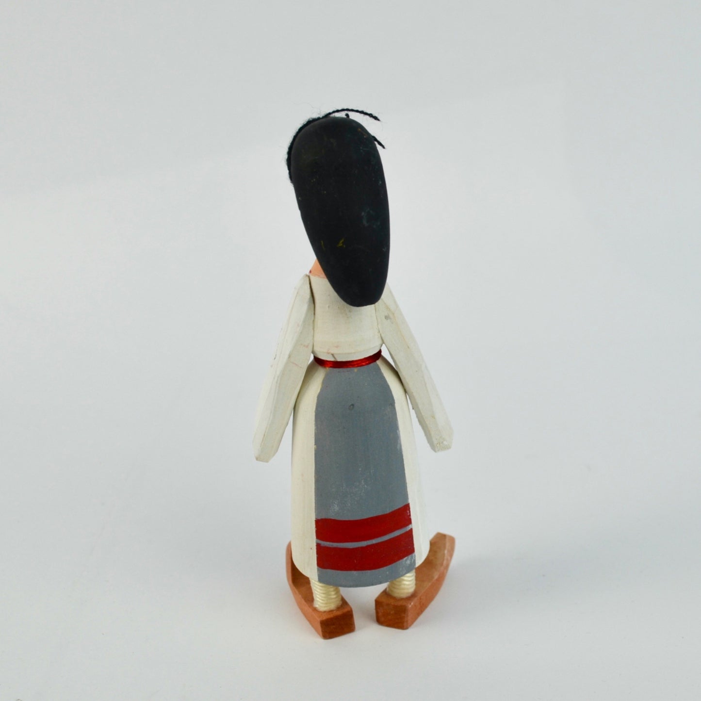 Handcrafted Wooden Folk Art Doll With Painted Dress & Black Hair