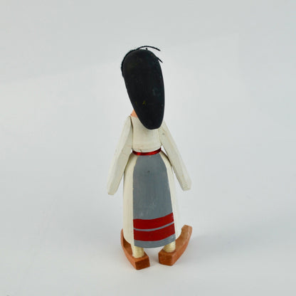 Handcrafted Wooden Folk Art Doll With Painted Dress & Black Hair