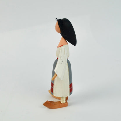 Handcrafted Wooden Folk Art Doll With Painted Dress & Black Hair