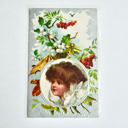 1909 Antique Christmas Postcard Lady Berries