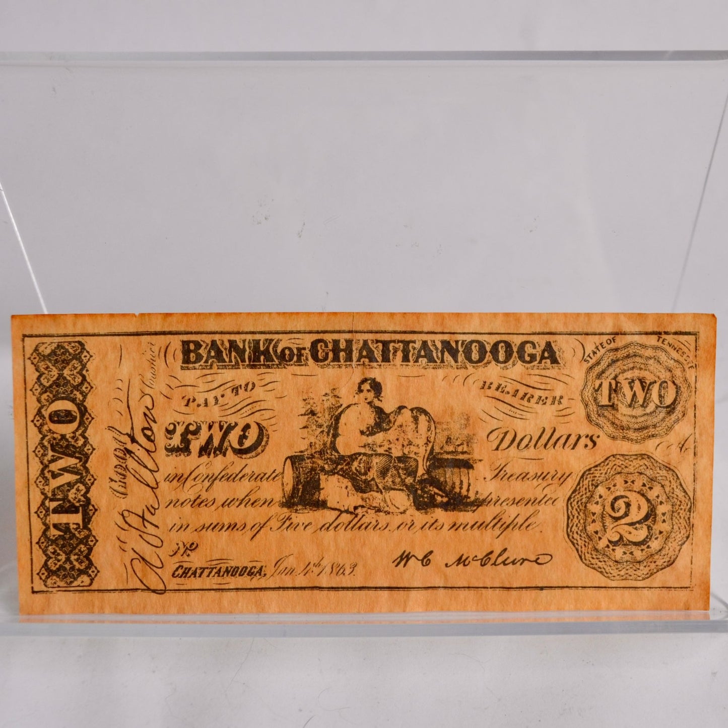 Bank of Chattanooga $2 Confederate Bill Reproduction 1863