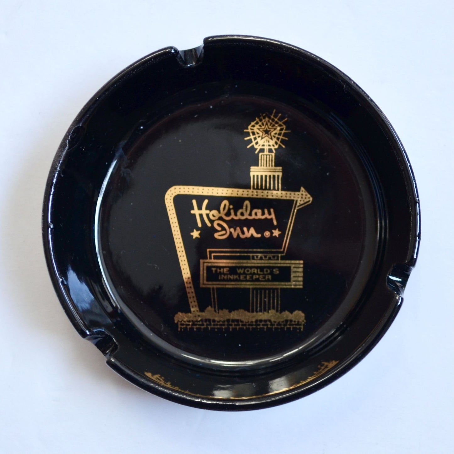 Holiday Inn Black Glass Gold Vintage Ashtray