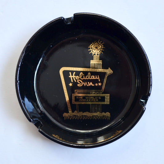 Holiday Inn Black Glass Gold Vintage Ashtray