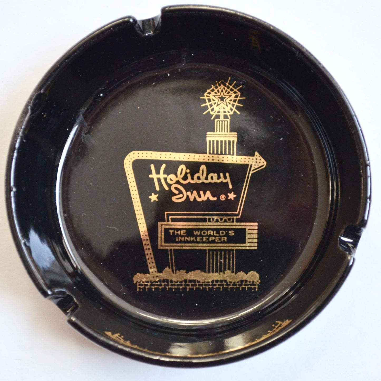 Holiday Inn Black Glass Gold Vintage Ashtray