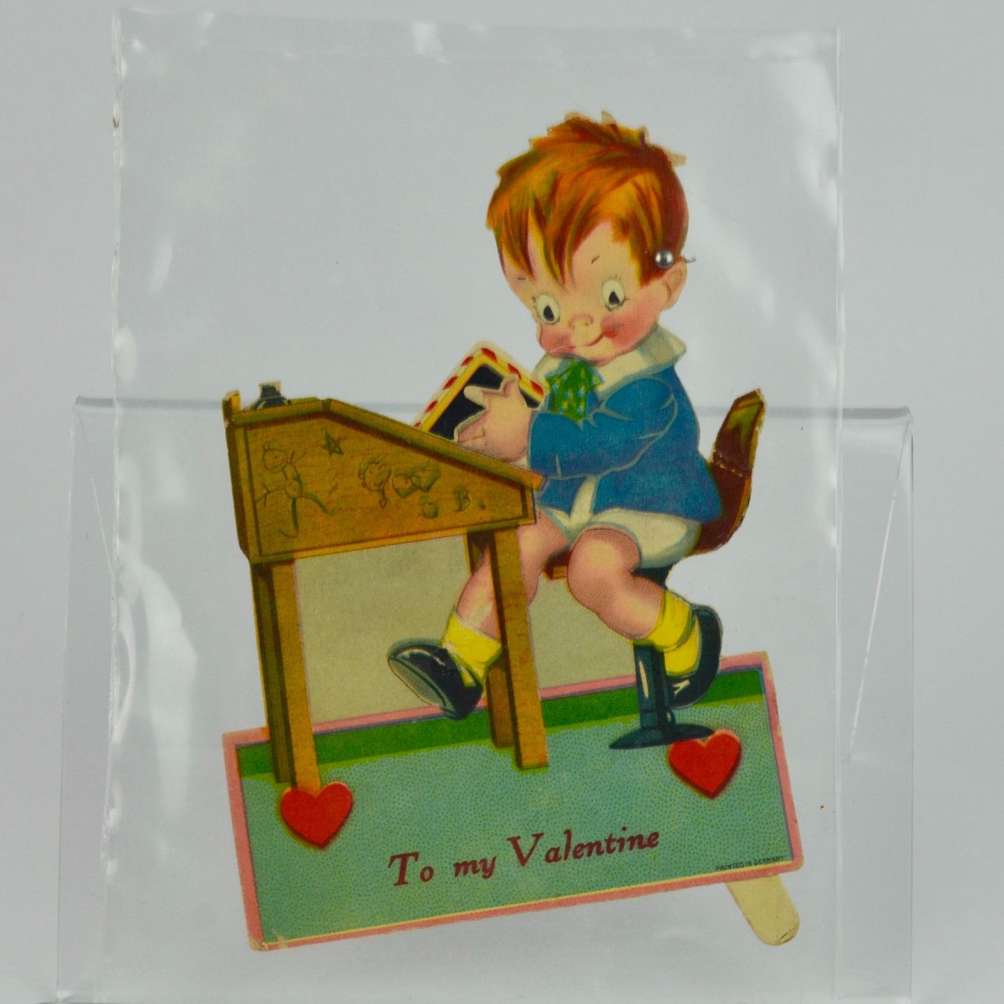 Vintage Valentine Card Boy at Desk Articulating Eyes