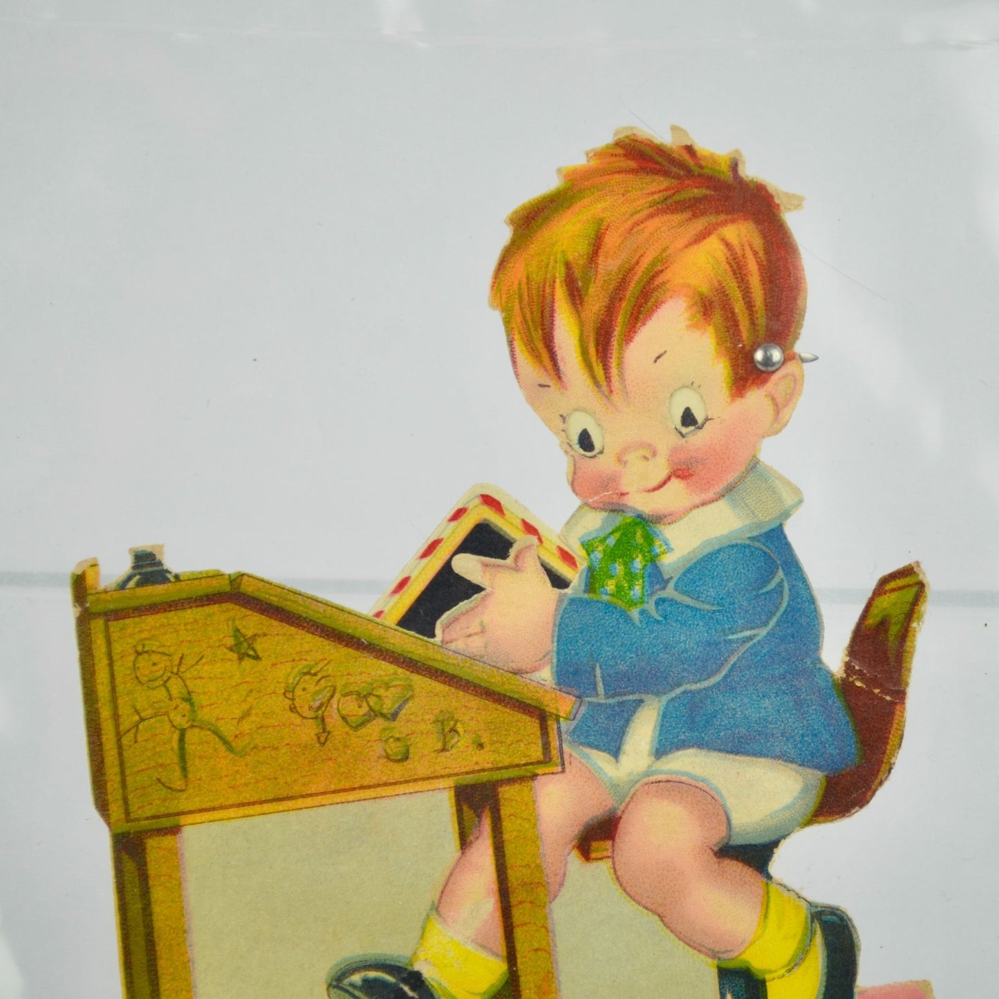 Vintage Valentine Card Boy at Desk Articulating Eyes