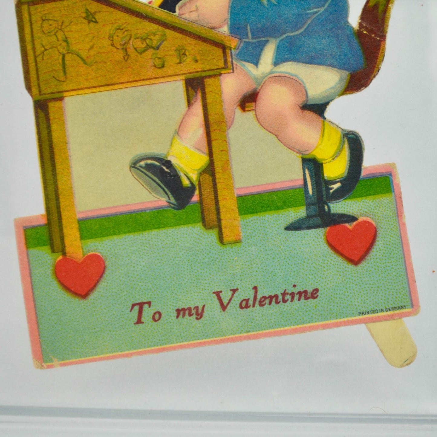 Vintage Valentine Card Boy at Desk Articulating Eyes