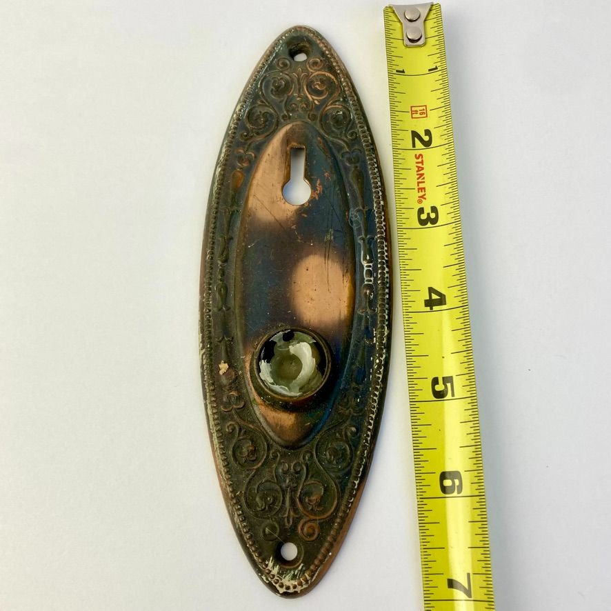 Antique Oval Door Knob Back Plate Flashed Copper Vintage Skelton Key Hole 7"