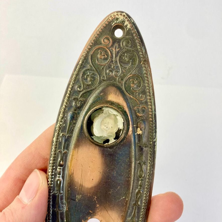 Antique Oval Door Knob Back Plate Flashed Copper Vintage Skelton Key Hole 7"
