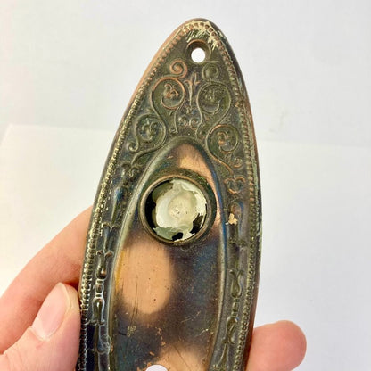 Antique Oval Door Knob Back Plate Flashed Copper Vintage Skelton Key Hole 7"