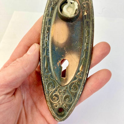Antique Oval Door Knob Back Plate Flashed Copper Vintage Skelton Key Hole 7"