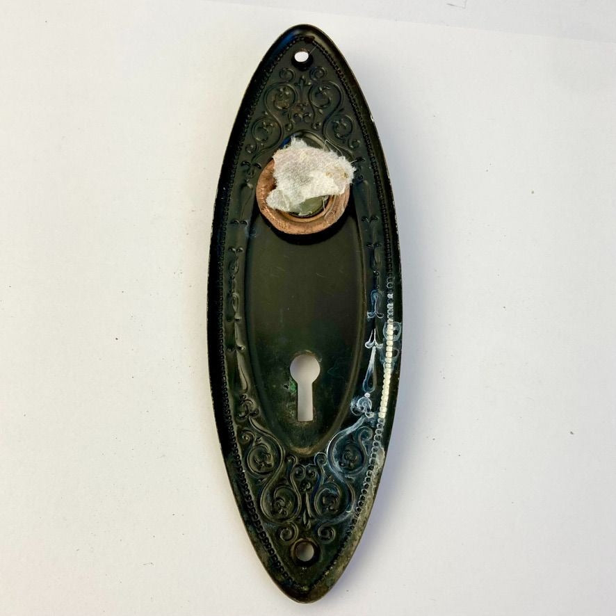 Antique Oval Door Knob Back Plate Flashed Copper Vintage Skelton Key Hole 7"