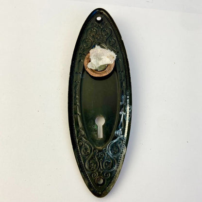 Antique Oval Door Knob Back Plate Flashed Copper Vintage Skelton Key Hole 7"