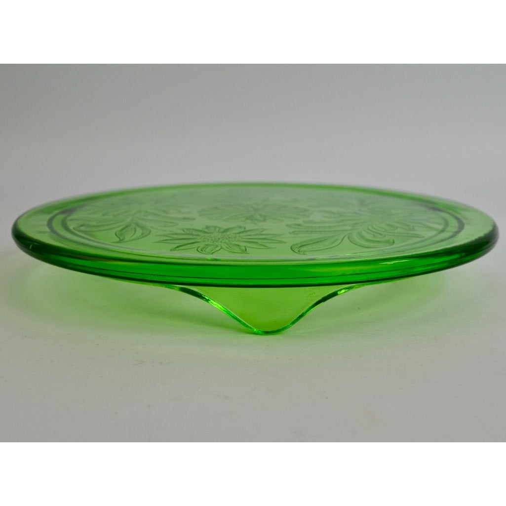 Jeannette Cake Plate Sunflower Uranium Vaseline Glass Vintage 10"
