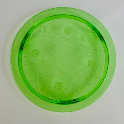Jeannette Cake Plate Sunflower Uranium Vaseline Glass Vintage 10"