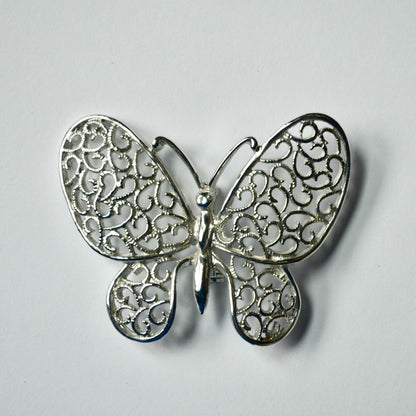 Vintage Silver Tone Large Filigree Butterfly Brooch Pin