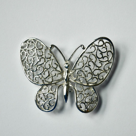 Vintage Silver Tone Large Filigree Butterfly Brooch Pin