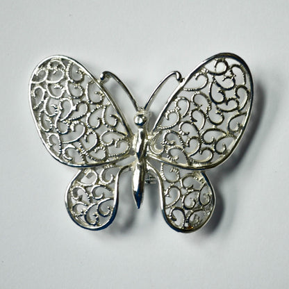 Vintage Silver Tone Large Filigree Butterfly Brooch Pin